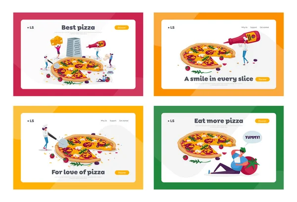 Små människor äter enorma Pizza Landning Page Mall Set. Karaktärer Skär med Knife, Sätt Ketchup eller ost, Ta bit av italienska Pizza. Snabbmatskafé eller Bistro besökare. Tecknad vektor Illustration — Stock vektor