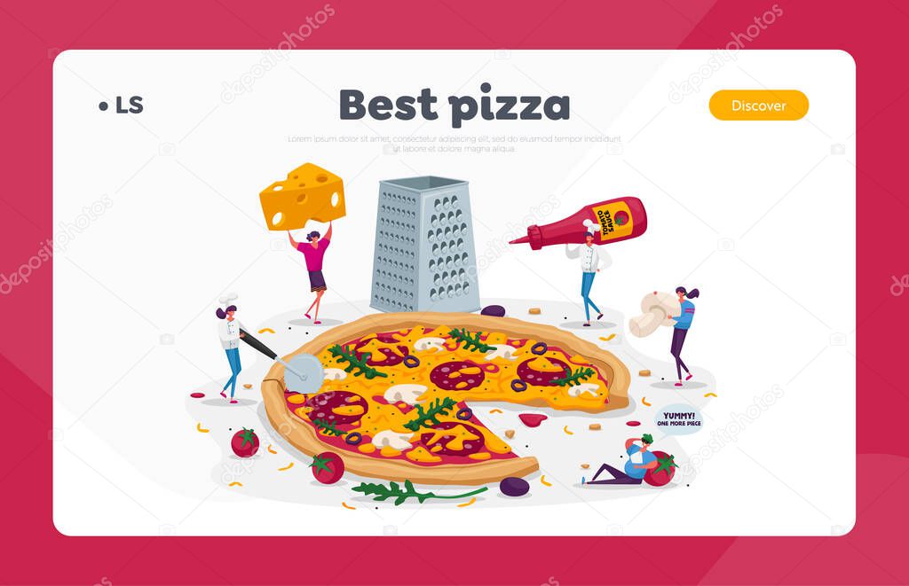 Tiny People Eating Huge Pizza Landing Page Template. Characters Cut with Knife, Put Ketchup or Cheese, Take Piece of Tasty Italian Food. Fast Food Cafe or Bistro Visitors. Cartoon Vector Illustration