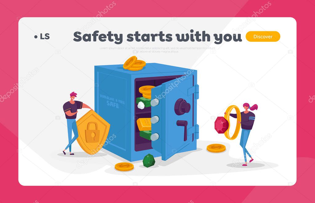 Investment and Safety Landing Page Template. Tiny Characters Put Savings to Safe with Money and Jewelry. Business People Hold Huge Gold Shield and Ring, Bulgar Protection. Cartoon Vector Illustration