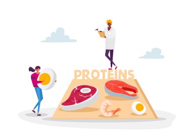 Karakter, Keto Diyetine Protein Ürünleri Getirin. Beyaz Bornoz Tutma Panosu 'nda Erkek Doktor Nutritionist Not Yazıyor. Dietoloji Bilimi, Sağlıklı Beslenme Konsepti. Çizgi film İnsanları Vektör İllüstrasyonu