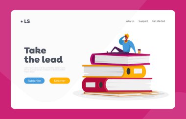 Evrak işleri ve ofis rutin iniş sayfası şablonu. İşadamı Ofisi Çalışan Erkek Karakteri aşırı yüklendi. Elinde kahve fincanı olan adam bifteğin üstünde oturuyor. Çizgi film Vektör İllüstrasyonu