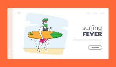 Sörf Eğlencesi İniş Sayfa Şablonu. Genç Adam Ellerinde sörf tahtasıyla okyanusa koşuyor. Sporcu Summer Sparetime, Spor Aktivitesi, Sağlıklı Yaşam Tarzı, Boş Zaman. Doğrusal Vektör İllüstrasyonu