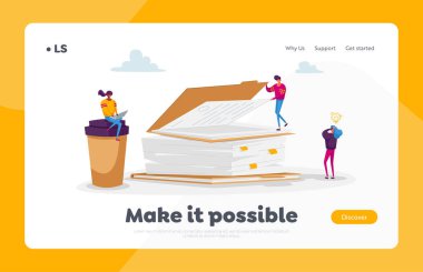 Kağıt Belgeleri İniş Sayfa Şablonu. Ofis çalışanları karakterleri, evrak işleri, son teslim tarihi, stres. İş adamları Büyük Belgeler ve Dosyalar Yığını Arıyor. Çizgi film Vektör İllüstrasyonu