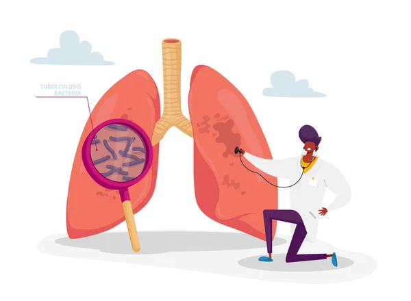 Tuberculose Medische Pulmonologische Zorg, Respiratoire Geneeskunde, Pulmonologie. Doctor Karakter met Stethoscoop Het controleren van menselijke longen met vergrootglas Search Pathologie. Cartoon Vector Illustratie — Stockvector