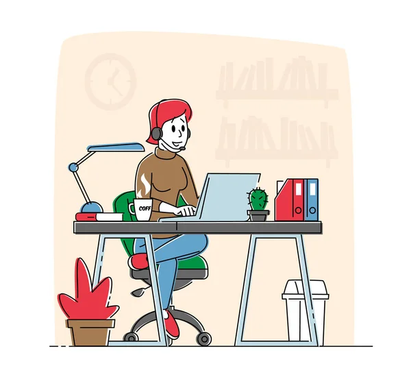 Kobieta Freelancer nosząca słuchawki siedzi w wygodnym fotelu pracując daleko na laptopie. Kobieta Postać Twórczy Pracownik Pracy w domu. Koncepcja pracy zdalnej. Liniowa ilustracja wektora — Wektor stockowy