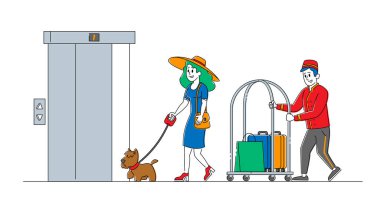 Otel Lobisinde Köpekli Üniformalı Kadın Buluşma Karakteri Bagajı Taşımaya Yardım Ediyor. Konukseverlik Servisi, Turist Odasına Geldi. Misafir, Misafir konaklama. Doğrusal İnsanlar Vektör İllüstrasyonu