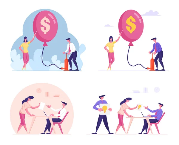 Establezca hombres y mujeres de negocios La gente infla enormes globos con signo de dólar y clavija con aguja, inflación. Personaje de empresaria Comparte ideas creativas con el jefe en el cargo. Ilustración de vectores de dibujos animados — Archivo Imágenes Vectoriales