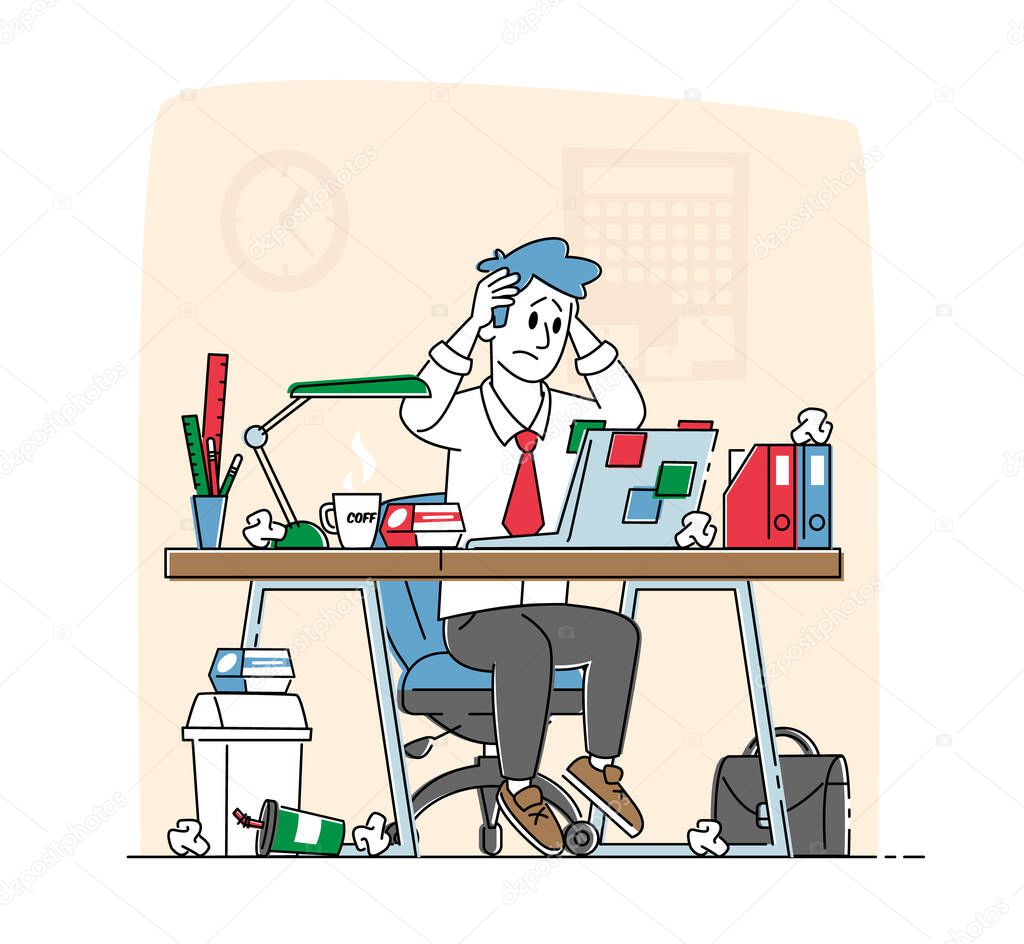 Business Man Stress and Frustration Concept. Tired Stressed Worker Sit at Office Desk with Laptop Holding Head with Hands Tearing Hair Tired of Work and Exhausted. Linear Character Vector Illustration