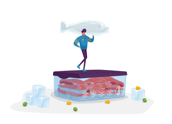 Vidám férfi karakter meleg ruhák gazdaság hatalmas fagyasztott hal állni konténer steak és jégkockák körül. Fogalom fagyasztott élelmiszerek, megtakarítás és fagyasztás termékek. Rajzfilm vektor illusztráció — Stock Vector