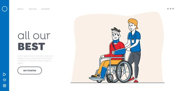 Disability Landing Page Template. Männliche Figur mit gebrochener Hand und gebrochenem Bein, Rollstuhl mit Krankenschwester-Assistenz. Mann im Unfallkrankenhaus. Lineare Menschen Vektor Illustration — Stockvektor