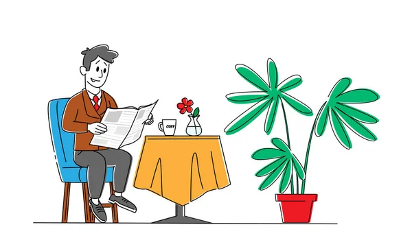 Lettura del personaggio maschile Mattina Giornale e bere caffè seduto al tavolo servito a casa Interno isolato su sfondo bianco. Uomo Ottenere informazioni da Publishing. Illustrazione vettoriale lineare — Vettoriale Stock