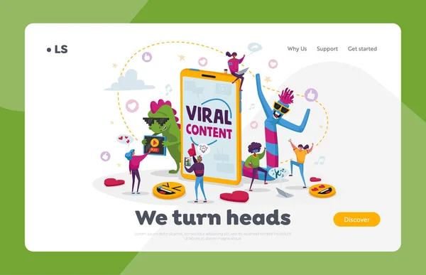 Template van de Viral Content Landing Page. Kleine mensen dansen bij Enorme Mobiele Telefoon met grappige karakters. Social Media Bloggen, Filmstreamen, Online Netwerk Houdt Aantrekken. Cartoon Vector Illustratie — Stockvector