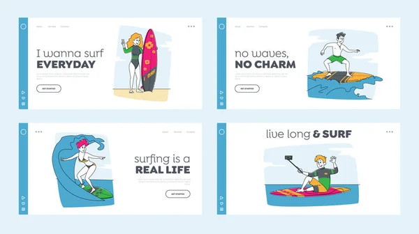 Surfer Sport Attività Landing Page Template Set. Surf Persone Personaggi Equitazione Surf Boards by Ocean Waves, Fare selfie. Competizione sportiva, Summer Sparetime, Lifestyle. Illustrazione vettoriale lineare — Vettoriale Stock