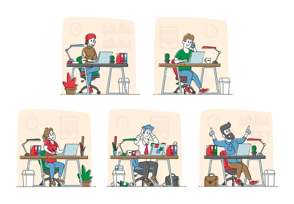 Bărbați și femei freelanceri sau lucrători de birou caractere care lucrează pe laptop așezat la birou. Locul de muncă staționar sau la distanță. Conceptul de ocupație independentă. Linear People Vector Illustration — Vector de stoc
