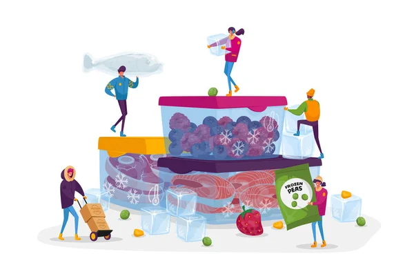 Frozen Food, Healthy Eating, Conservation Concept. Caractères masculins et féminins minuscules Achat et cuisson de produits glacés naturels Légumes frais, fruits Viande et poisson. Illustration vectorielle des personnages de bande dessinée — Image vectorielle