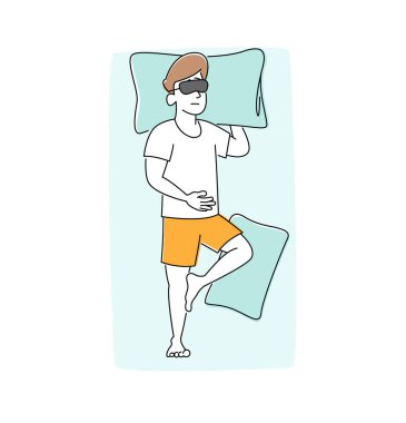Gece Dinlenme ve Yatma Zamanı Konsepti. Pijama giyen ve Maskeli Adam Yastığın Altında Elle Yatakta Yatıyor. Rahat Duruşta Uyuyan Erkek Karakteri, İnsanlar Poz Veriyor. Doğrusal Vektör İllüstrasyonu