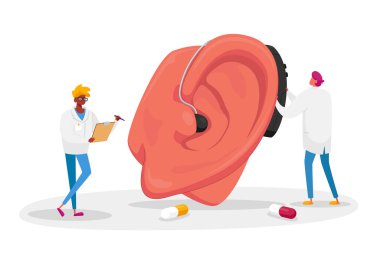 Devasa Hasta Kulağı 'na Sağır Yardım Eden Erkek Doktorlar Karakterleri. Duyma Kaybı Sağlık Sorunu, Otolaryngology Tıp, Sağırlık Hastalığı Konsepti. Çizgi film İnsanları Vektör İllüstrasyonu