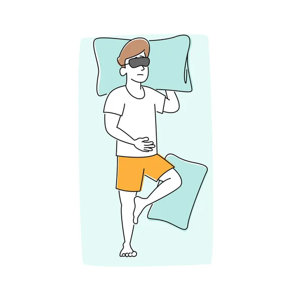 Conceito de Descanso Noturno e Tempo de Cama. Homem vestindo pijama e máscara durma na cama deitado de costas com a mão debaixo do travesseiro. Personagem Masculino Dormindo em Postura Relaxada, Pessoas Poses. Ilustração Linear do Vetor — Vetor de Stock