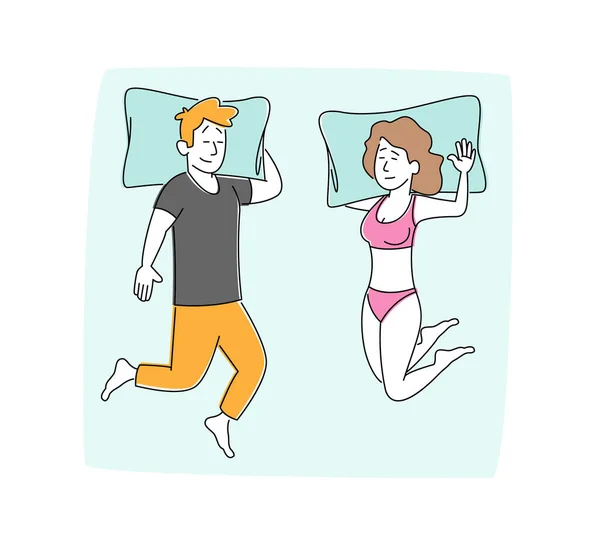 Young Male and Female Characters Couple Sleeping on Bed Top View. Man Wearing Pajama Sleep with Hands under Head, Naked Woman in Underwear Lying in Comfortable Pose. Linear People Vector Illustration — Stock Vector
