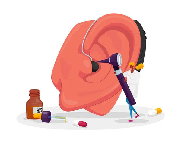 HNO-Medizin, Konzept für Gehörlosigkeit. Tiny Ent Arzt Charakter untersucht riesiges Patientenohr mit Otoskop. Hörverlust, Gehörlosigkeit, Installation von Gehörlosenhilfe. Zeichentrickvektorillustration — Stockvektor