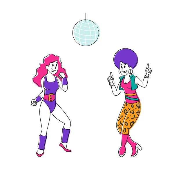 Couple of Young Girls Characters in Retro Suits Visiting Night Club Dancing Disco Dance under Stroboscope Lighting. Friends Having Fun Leisure, People Nightlife Clubbing. Linear Vector Illustration — Stock Vector