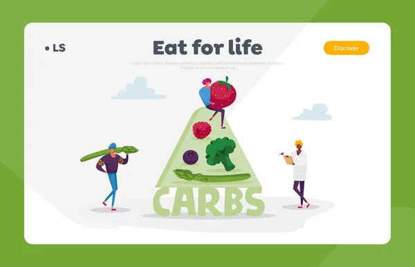 Ketogenic Diet Landing Page Template. Karakters brengen Carb producten voor Keto Dieting. Man met asperges, vrouw met enorme aardbeien. Gezond eten met weinig koolhydraten. Cartoon People Vector Illustratie — Stockvector