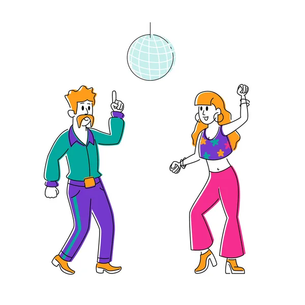 Мужские и женские персонажи в стилизованных ретро-костюмах танцуют на дискотеке. Группа людей счастливо танцует. Клуб "Счастливый мужчина и женщина" в Ночном клубе, винтажное событие. Линейный вектор — стоковый вектор