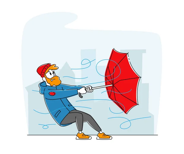 Mannen i varma kläder håller Brutna Umbrella Skyddar mot orkanen. Man karaktär slåss med åska, blåsigt kallt höstväder, extremt stark blåsande vind. Linjär vektorillustration — Stock vektor