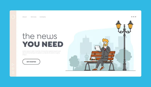 Press Social Media Information Landing Page Template. Homme d'affaires lisant un journal assis sur la rue City avec boîte à lunch. Personnage masculin Lire la publication sur Pause café. Illustration vectorielle linéaire — Image vectorielle