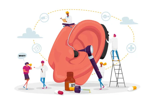 病気の概念。耳の治療のために医師の聴覚医を訪問する問題を聞くとろう者。補聴器を使用して巨大な耳の周りの小さな文字,医学的予約.漫画ベクターイラスト — ストックベクタ