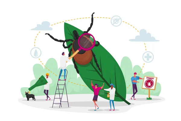 Tiny Characters Search Dangerous Insect. Mite Hid on Plant Leaf, People Spraying Insect Repellent on Skin and Dog Outdoor. Encephalitis Mite, Tick Bite Protection Concept. Cartoon Vector Illustration