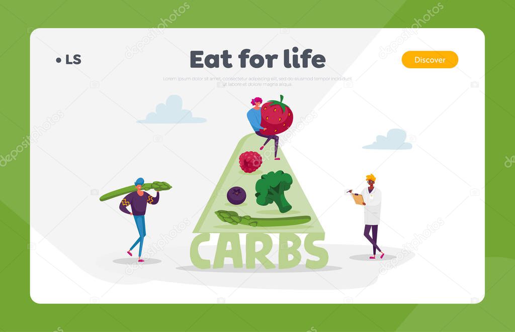 Ketogenic Diet Landing Page Template. Characters Bring Carb Products for Keto Dieting. Man with Asparagus, Woman Holding Huge Strawberry. Healthy Low Carbs Eating. Cartoon People Vector Illustration