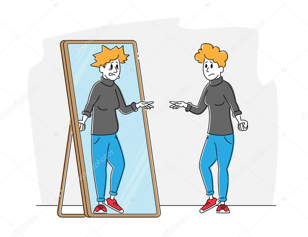 Female Character with Low Self-esteem Looking at Mirror See herself Reflection as Ugly Woman with Old Haggard Face. Disgust to Self Appearance, Depression, Mental Problem. Linear Vector Illustration