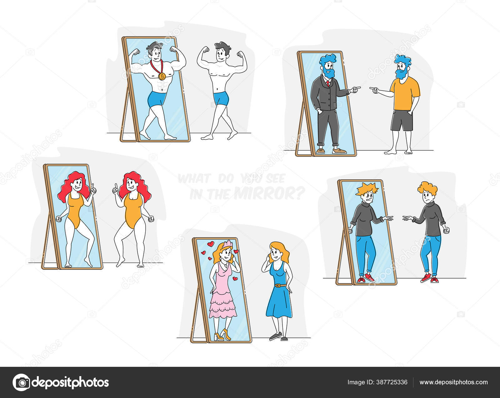 Set of People Looking at Mirror Reflection. Self-assessment and Personal  Appearance Concept. Male and Female Characters Admire or Horrified with  their Image in Mirror. Linear Vector Illustration Stock Vector by ©lemono  387725336, image size:1600x1276