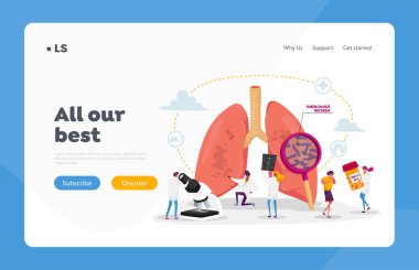 Solunum Tıbbı Pulmonoloji Sağlık Bakım İniş Sayfası Şablonu. Doktor Karakterleri İnsan Tüberküloz Ciğerlerini Cam ile Kontrol Et, X-ray yap, Pulmonolojik Bakım. Çizgi film İnsanları Vektör İllüstrasyonu