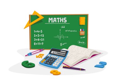 Matematik ve Okul Dersi Konsepti. Green Chalkboard 'un etrafında yazı, hesap makinesi, kalem ve pusula içeren görevleri ve matematik formülleri olan ders kitabı ya da defter. Çizgi film Vektör İllüstrasyonu