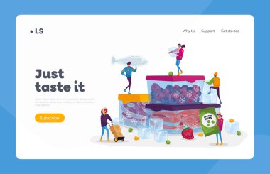 Donmuş Yemek, Sağlıklı Yeme İniş Sayfası Şablonu. Minik Erkek ve Kadın Karakterler Doğal Buz Ürünleri Alma ve Pişirme Taze Sebzeler, Meyve Et ve Balık. Çizgi film İnsanları Vektör İllüstrasyonu