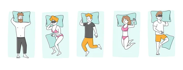 人々の睡眠のポーズのセット。若い男性と女性のキャラクターが快適なベッドの上のビューで寝ています。裸の男性女性フーブランケット、頭の下の手で背中にパジャマ睡眠を着用してください。線形ベクトルイラスト — ストックベクタ