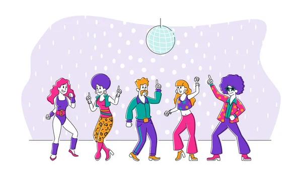 Группа молодых людей в 1970-х годах Fashion Style of Clothes and Hairstyle Dancing Disco Dance. Стильные мужчины и женщины танцуют на дискотеке Retro в ночном клубе. Линейный вектор — стоковый вектор