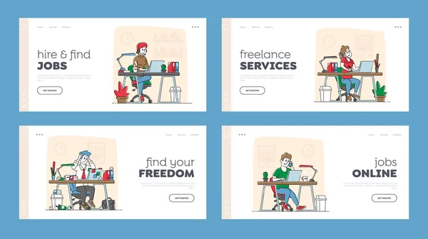 Freelance autonomi Occupazione Landing Page Template Set. Personaggi freelance o impiegati lavorano sul computer portatile seduto alla scrivania. Posto di lavoro remoto o fisso. Illustrazione vettoriale delle persone lineari — Vettoriale Stock