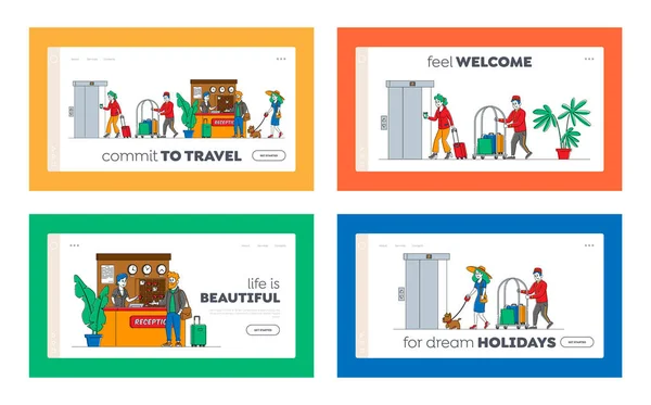 Hospitality Landing Page Template Set. Os personagens chegam, deixam as pessoas do hotel na recepção tirar chaves do quarto no escritório. Pessoal do lobby Conheça os hóspedes, Bellboy Carry Luggage. Ilustração Linear do Vetor —  Vetores de Stock