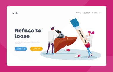 Hepatit B İniş Sayfası Şablonu 'nda kan testi. Mikroskop 'ta Doktor Look, Hemşire Karakteri Hayat Kanı ile Büyük Test Tüpü Taşır. Sağlık sigortası, farkındalık. Çizgi film İnsanları Vektör İllüstrasyonu