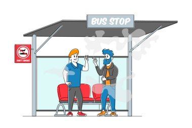Halka açık yerde sigara içmek, sağlıksız alışkanlık, nikotin tütün bağımlılığı. Erkek karakterler otobüs durağında sigara içerler. Sigara tiryakisi yaşam tarzından zevk alan insanlar. Doğrusal İnsanlar Vektör İllüstrasyonu