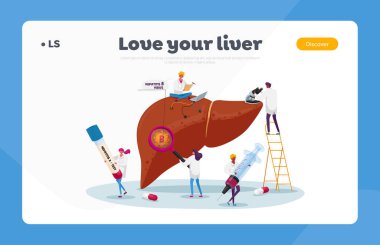 Tıbbi Teşhis Hepatit B, Siroz İniş Sayfa Şablonu. Minik Doktor Karakterleri Büyük Hastalıklı Karaciğer, Sağlık Hizmetleri, Kanser Bilinci, Tedavi. Çizgi film İnsanları Vektör İllüstrasyonu