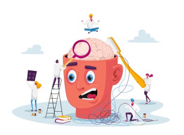 Muazzam Hastalıklı Kafa Çözen Hastaların Zihinsel Sorunları 'ndaki Küçük Doktorlar Karakterleri. Sağlık Terapisi, Duygusal Durum, Zihinsel Sağlık ve Önleme Akıl Hastalıkları. Çizgi film İnsanları Vektör İllüstrasyonu