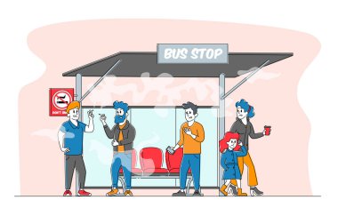 Halka açık yerde sigara içmek, Kötü alışkanlık kavramı. Erkek Karakterler otobüs durağında İnsanlar etraftayken Yasak Tabelasının yanında sigara içer. Çocuk Danışmanı Sigara İçen Kızgın Kadın. Doğrusal Vektör İllüstrasyonu