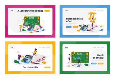 Matematik Bilimi İniş Şablonu Ayarlandı. Laboratuvarda ya da Büyük Tahta 'da Küçük Öğrenci Karakterleri ya da Okul Sınıfı Matematik Öğrenme Dersi. İnsanlar Eğitim Alma ve Yazma Formülü Alıyor. Çizgi film Vektör İllüstrasyonu