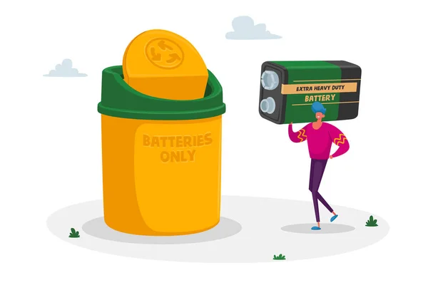 E-waste Batterie Riciclaggio, concetto di protezione della natura. Piccolo personaggio maschile portare enorme acido accumulatore ricaricabile. Ridurre l'inquinamento della terra Elettronica spazzatura Riciclare. Illustrazione del vettore del fumetto — Vettoriale Stock