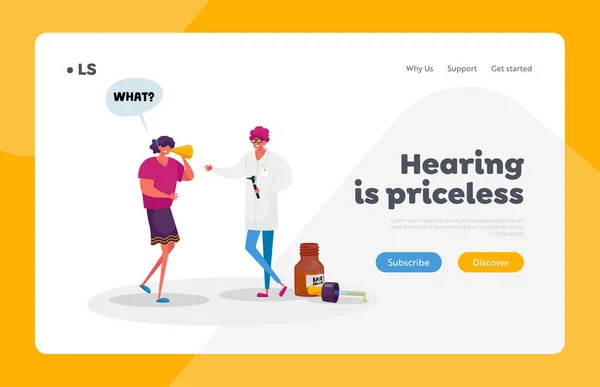 Medical Hear Exam Landing Page Template (en inglés). Carácter femenino Difícil de oír. Mujer Sufre de Deterioro Auditivo Médico Visitante para Tratamiento o Diagnóstico de Deterioro. Dibujos animados Gente Vector Ilustración — Vector de stock