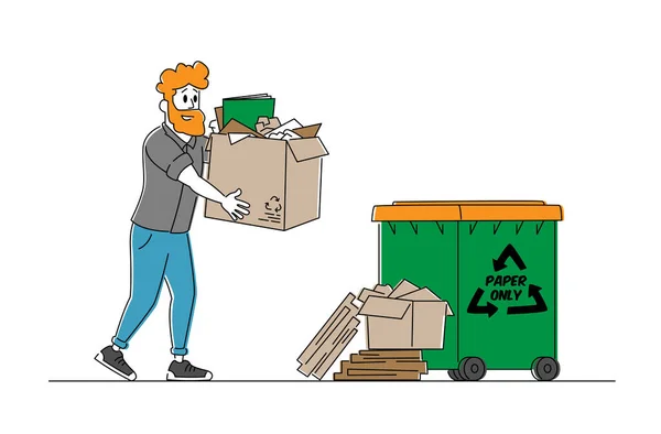 Resíduos de papel ou reciclagem de lixo, pare o conceito de poluição. Personagem de Jovem, Voluntário Carry Pile of Old Used Carton in Box. Proteção Ecológica, Solução de Reciclagem de Resíduos. Ilustração Linear do Vetor —  Vetores de Stock